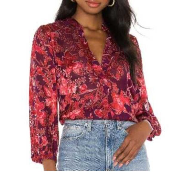 Alice + Olivia Sheila Blouse Floral Purple Red Velvet Semi Sheer V Neck Top Sz M